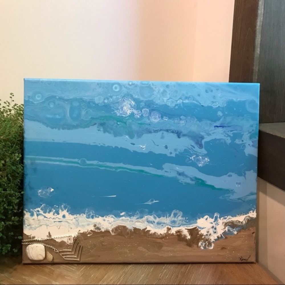 Beach ocean acrylic pour painting with jewelry